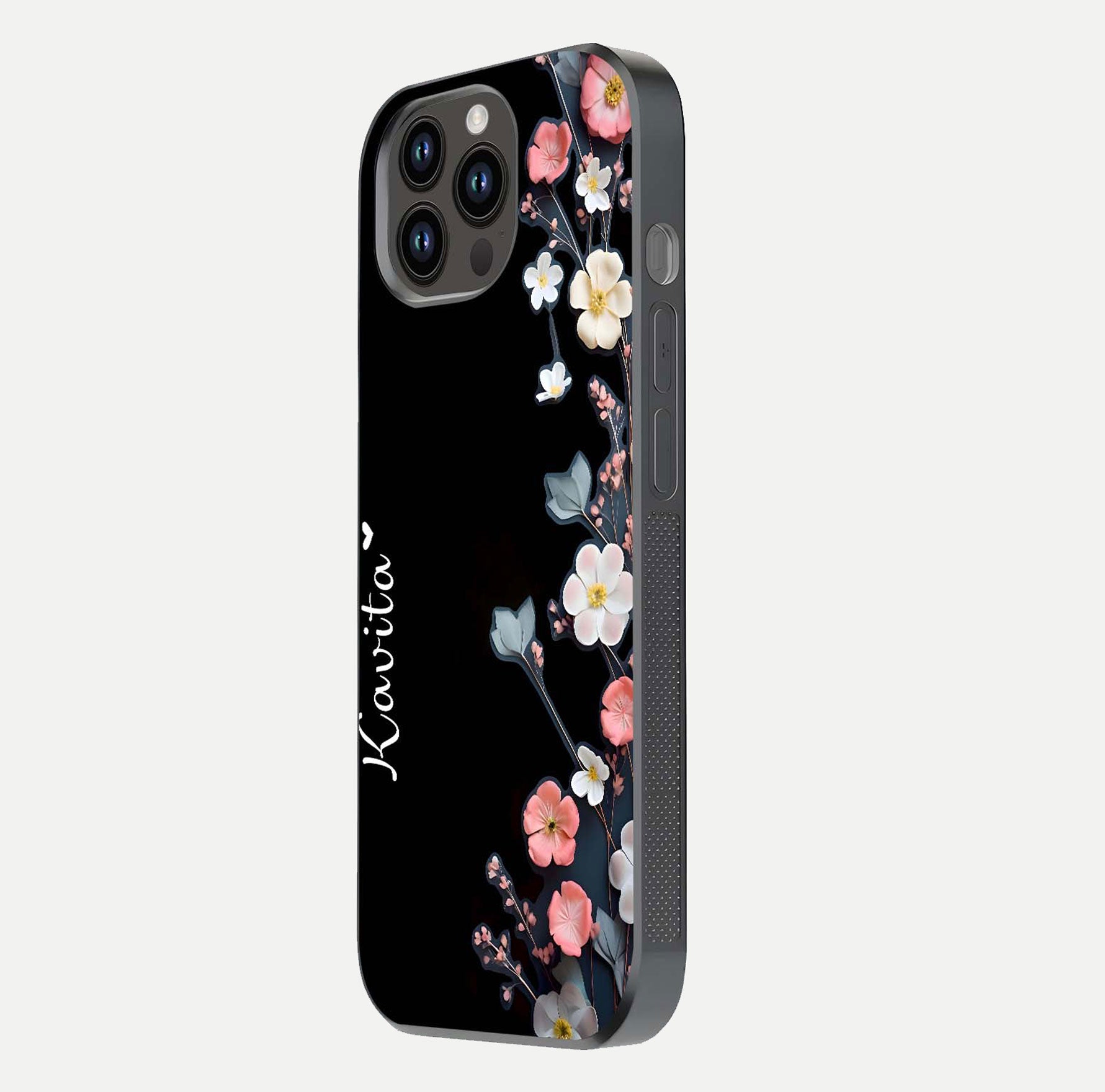 Black Elegance Floral Custom Name Glass Case for iPhone 14 Pro Max side-angle showing black gloss depth and delicate print texture