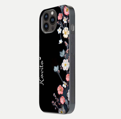 Black Elegance Floral Custom Name Glass Case for iPhone 14 Pro Max side-angle showing black gloss depth and delicate print texture
