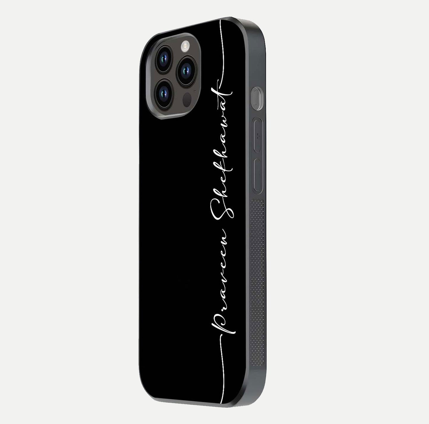 Black Tune Custom Name Glass Case for iPhone 16 Pro side-angle photo showing mirror-like surface and slim profile