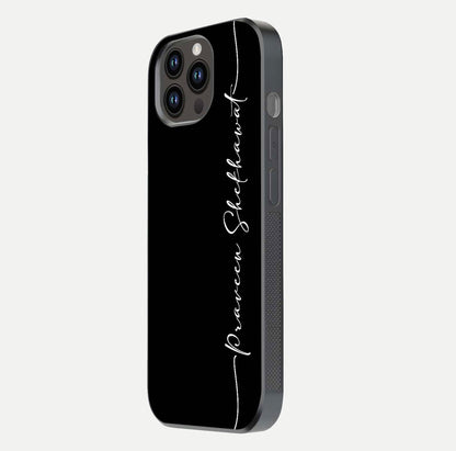 Black Tune Custom Name Glass Case for iPhone 16 Pro side-angle photo showing mirror-like surface and slim profile