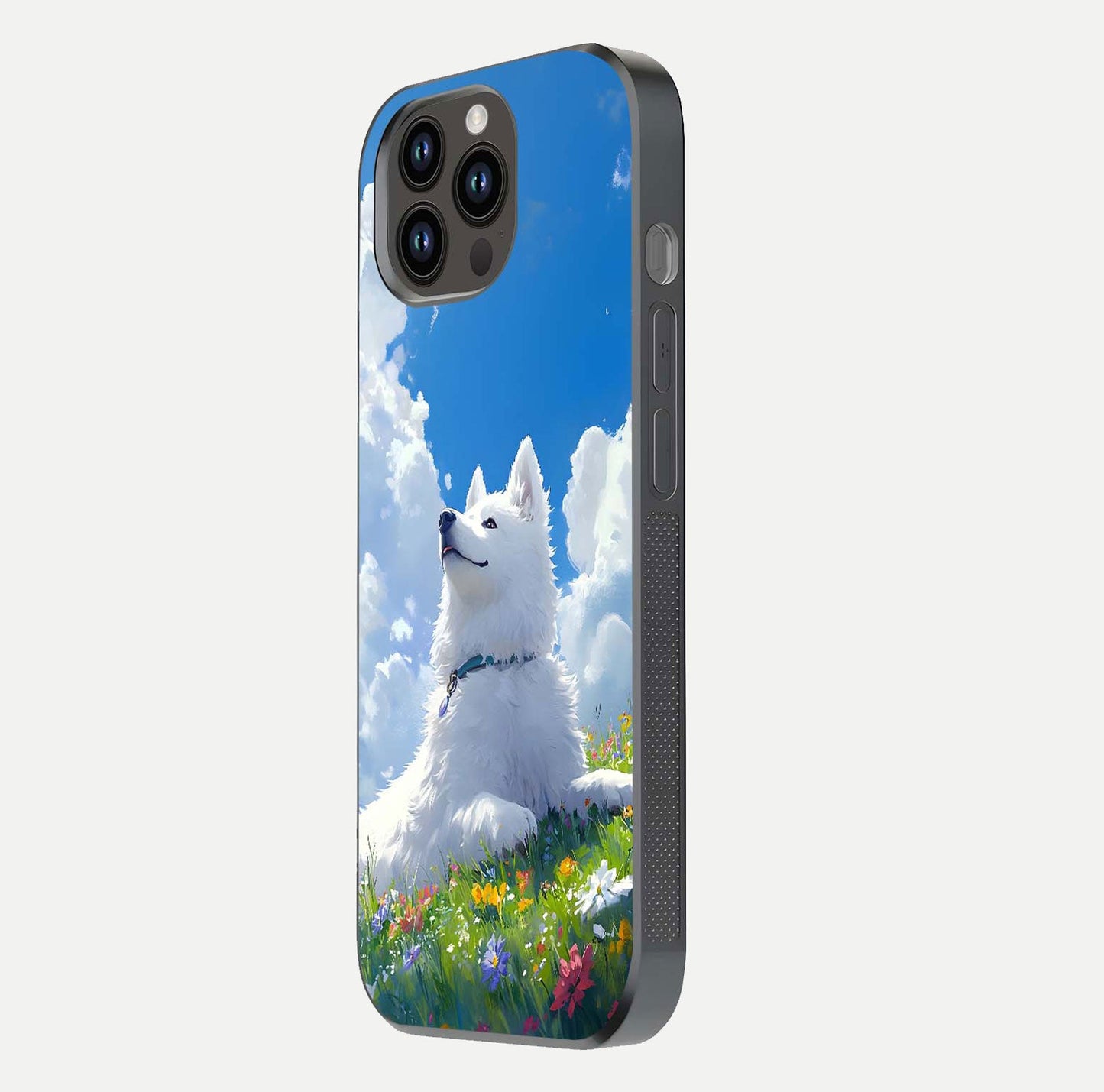 Blissful Cloud Pup Glass Case for iPhone 14 Pro Max side-angle shot displaying puppy print and glossy texture