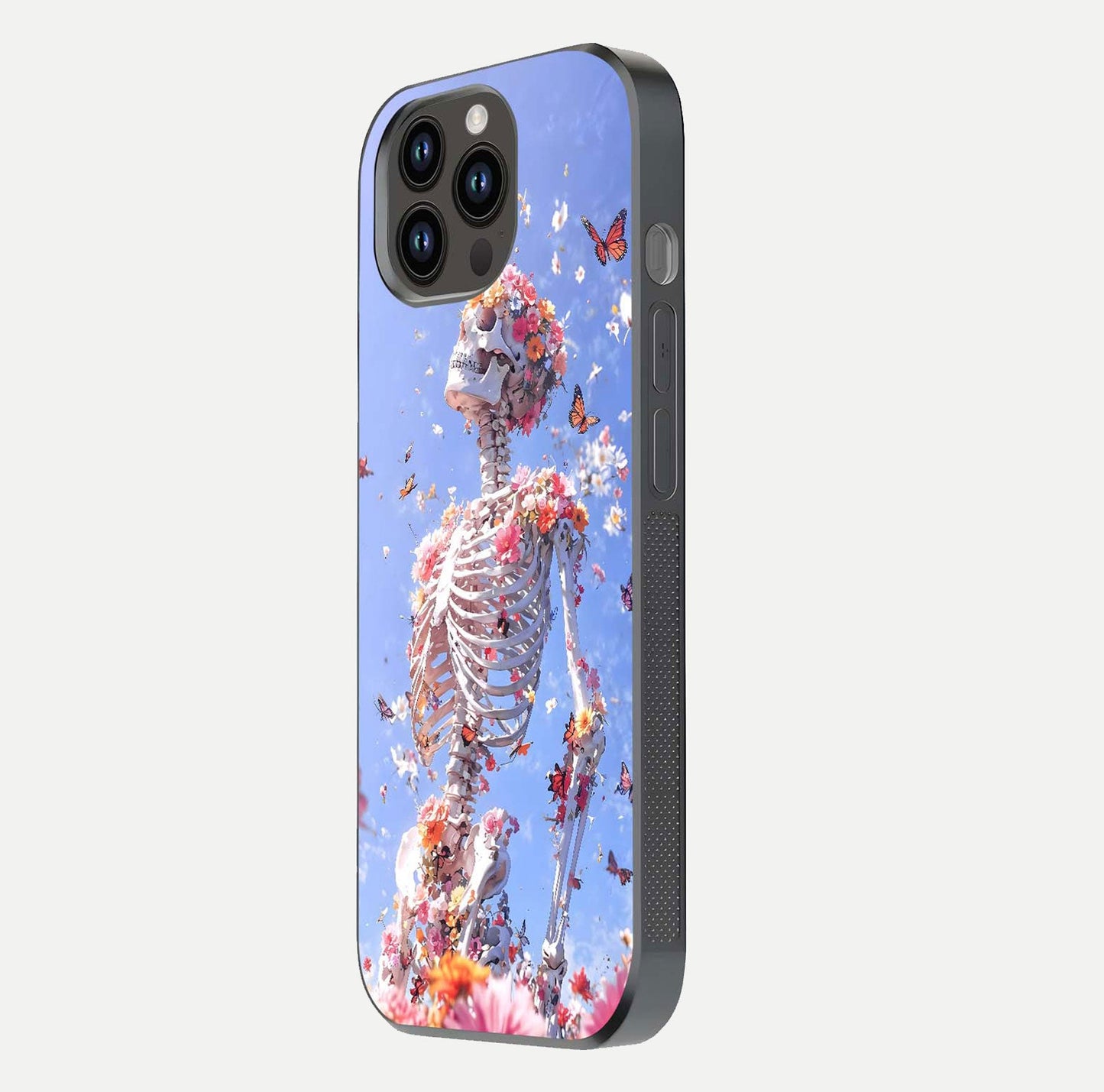 Bloom Beyond Bones Glass Case for iPhone 14 Pro Max side-angle image highlighting print precision and gloss finish