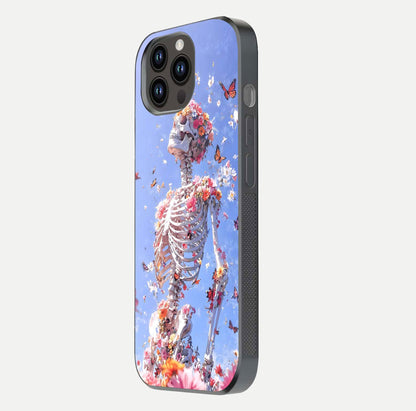 Bloom Beyond Bones Glass Case for iPhone 14 Pro Max side-angle image highlighting print precision and gloss finish
