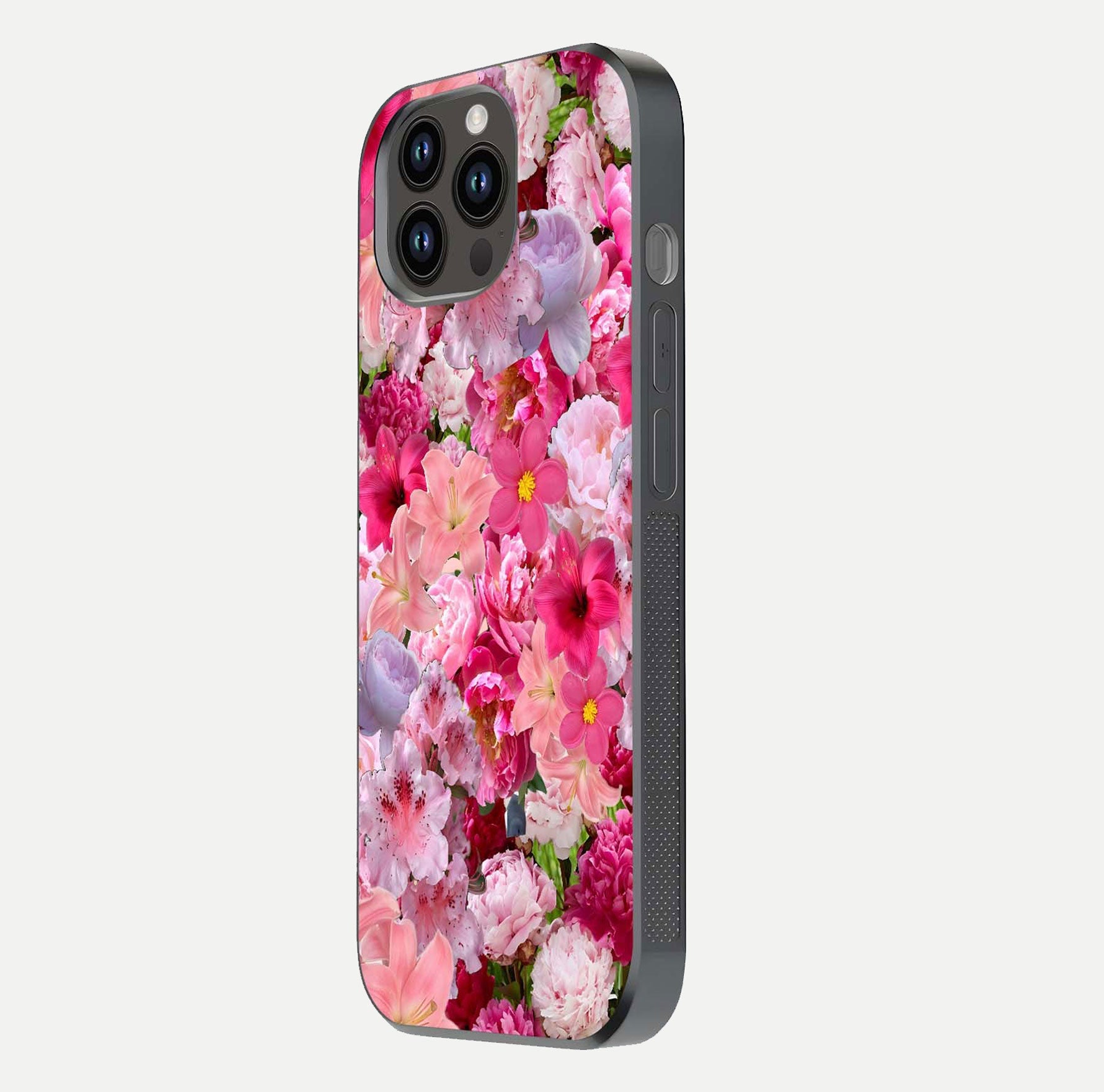 Bloom Crush Fantasy Glass Case for iPhone 14 Pro Max side-angle shot with fantasy bloom art and gloss surface