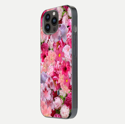 Bloom Crush Fantasy Glass Case for iPhone 14 Pro Max side-angle shot with fantasy bloom art and gloss surface