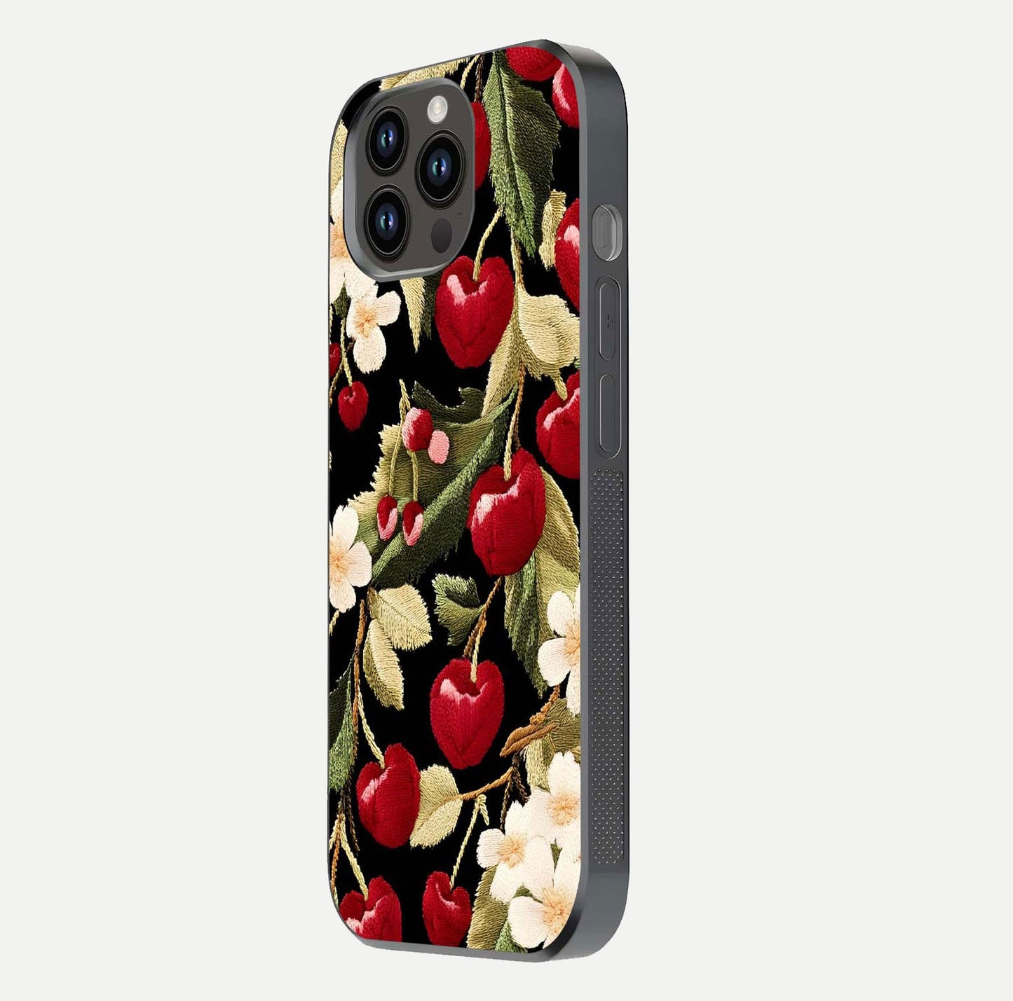Bloom Thread Art Glass Case for iPhone 14 Pro Max side-angle image showing texture depth and gloss reflection