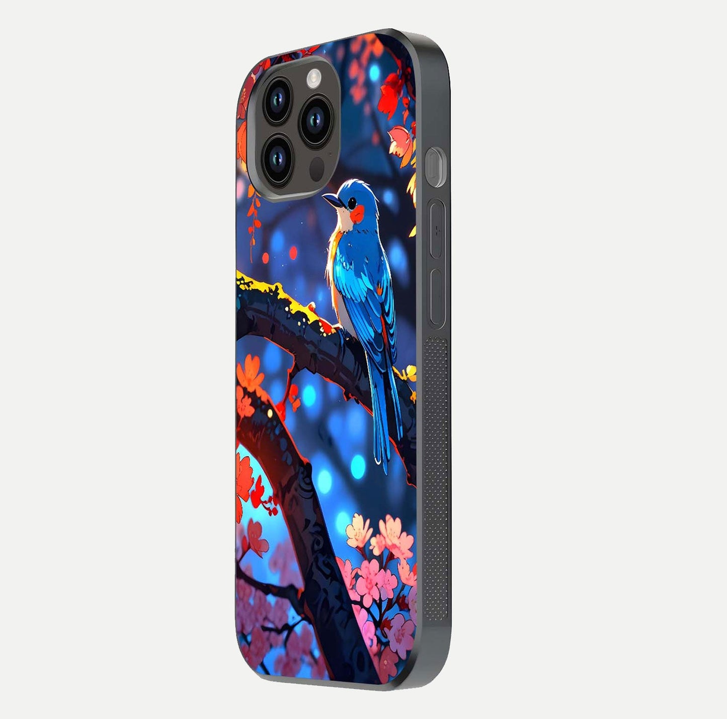 Blooming Spendor Bird Glass Case for iPhone 14 Pro Max side-angle photo showing floral wings and reflection finish