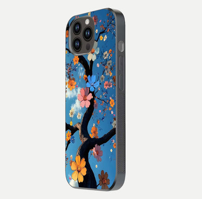 Blossom Dream Sky Glass Case for iPhone 14 Pro Max side-angle photo showing flower details, edge curve, and reflection shine