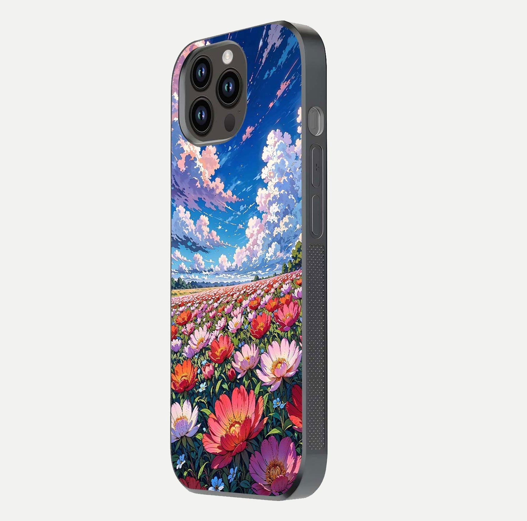 Blossom Sky Field Glass Case for iPhone 16 Pro side-angle showing sky hues, blossom texture, and reflective shine