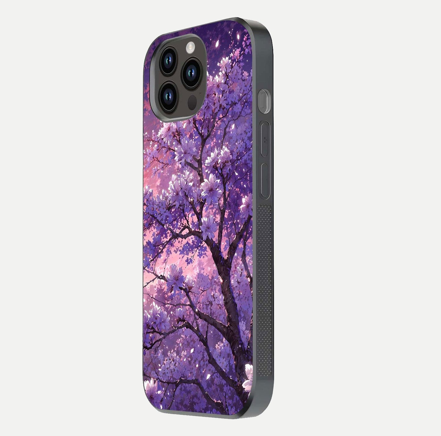 Blossom Tree Glass Case for iPhone 14 Pro Max side-angle image showing floral tree artwork and reflection gloss