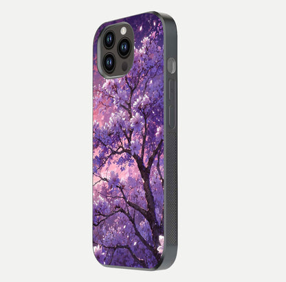 Blossom Tree Glass Case for iPhone 14 Pro Max side-angle image showing floral tree artwork and reflection gloss