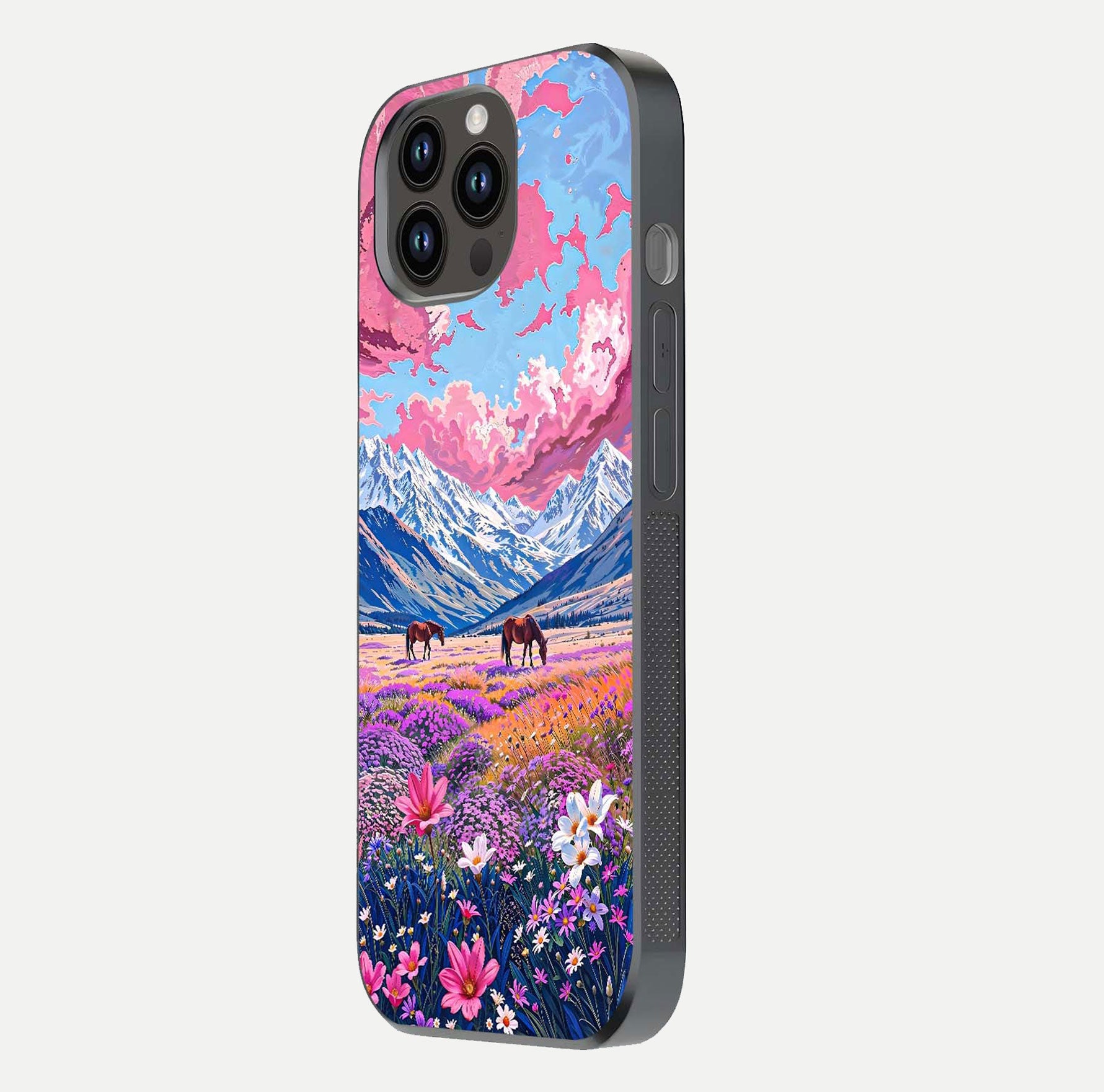 Blossom Valley Dream Glass Case for iPhone 14 Pro Max side-angle shot showcasing bloom tones and gloss texture