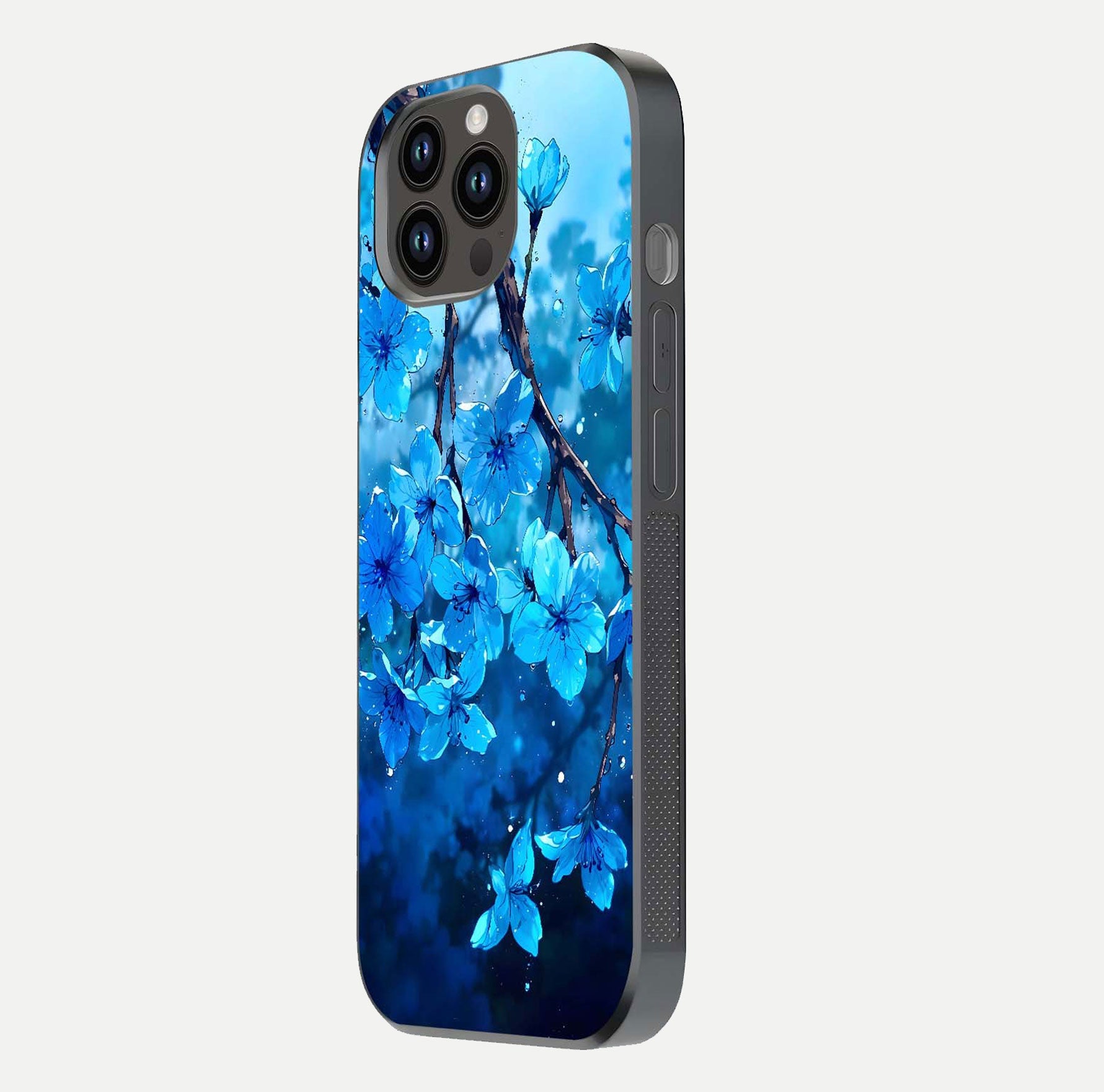 Blue Blossoms Branch Glass Case for iPhone 14 Pro Max side-angle image showing blossom pattern flow and glossy texture