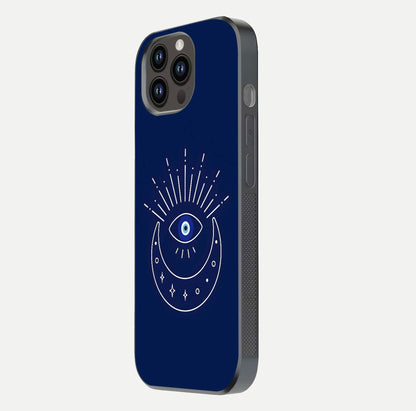 Blue Evil Eye Glass Case for iPhone 14 Pro Max side-angle view showing edge glow, color balance, and reflective surface