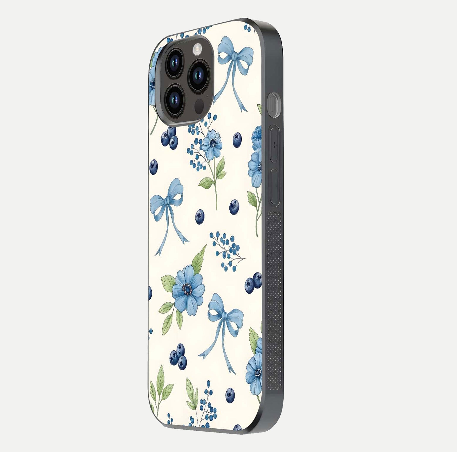 Blue Flower & Bow Glass Case for iPhone 14 Pro Max side-angle image showing bow-floral mix and HD finish shine