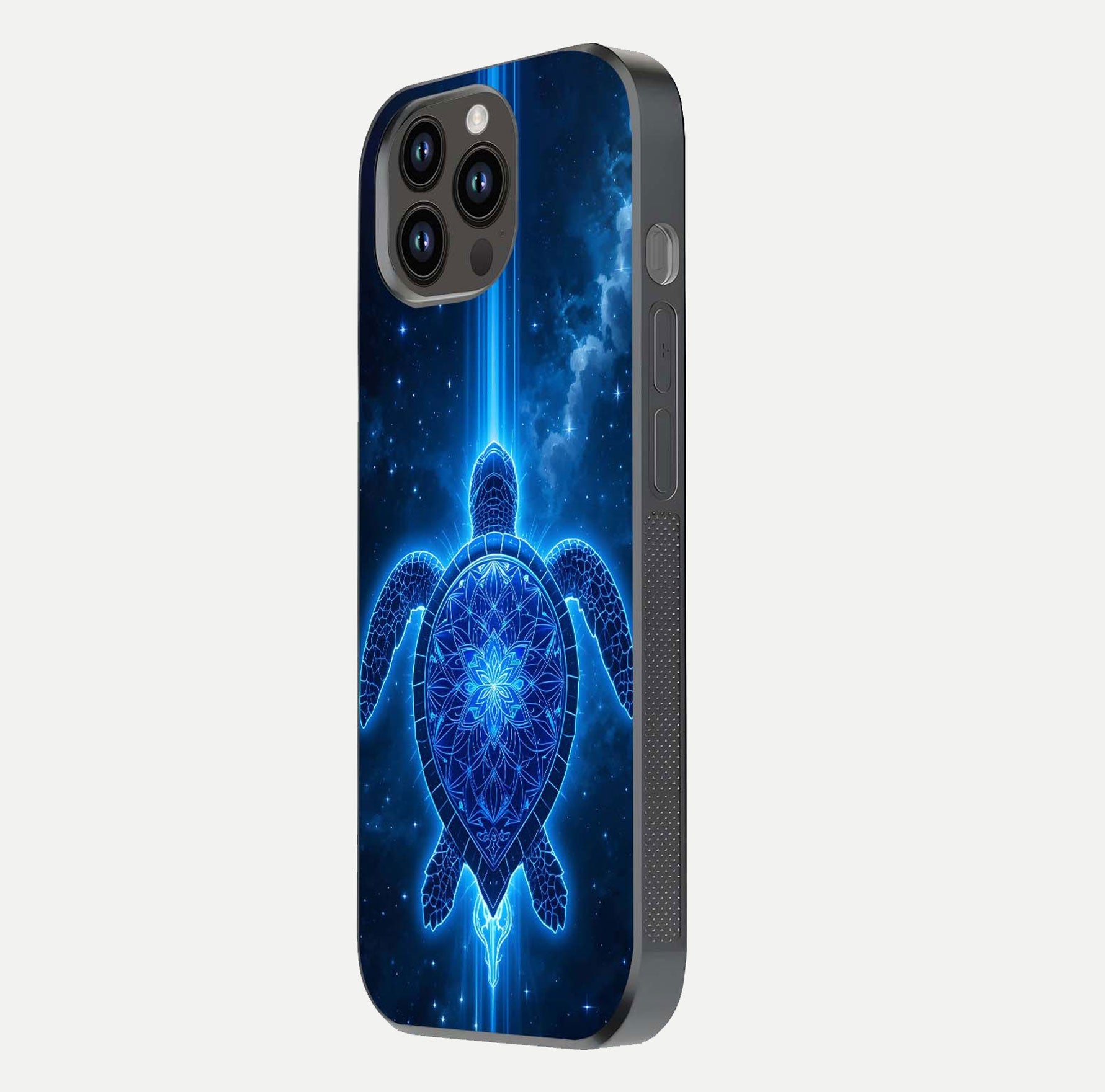 Blue Galaxy Turtle Glass Case for iPhone 14 Pro Max side-angle photo capturing galaxy shine and smooth edge design