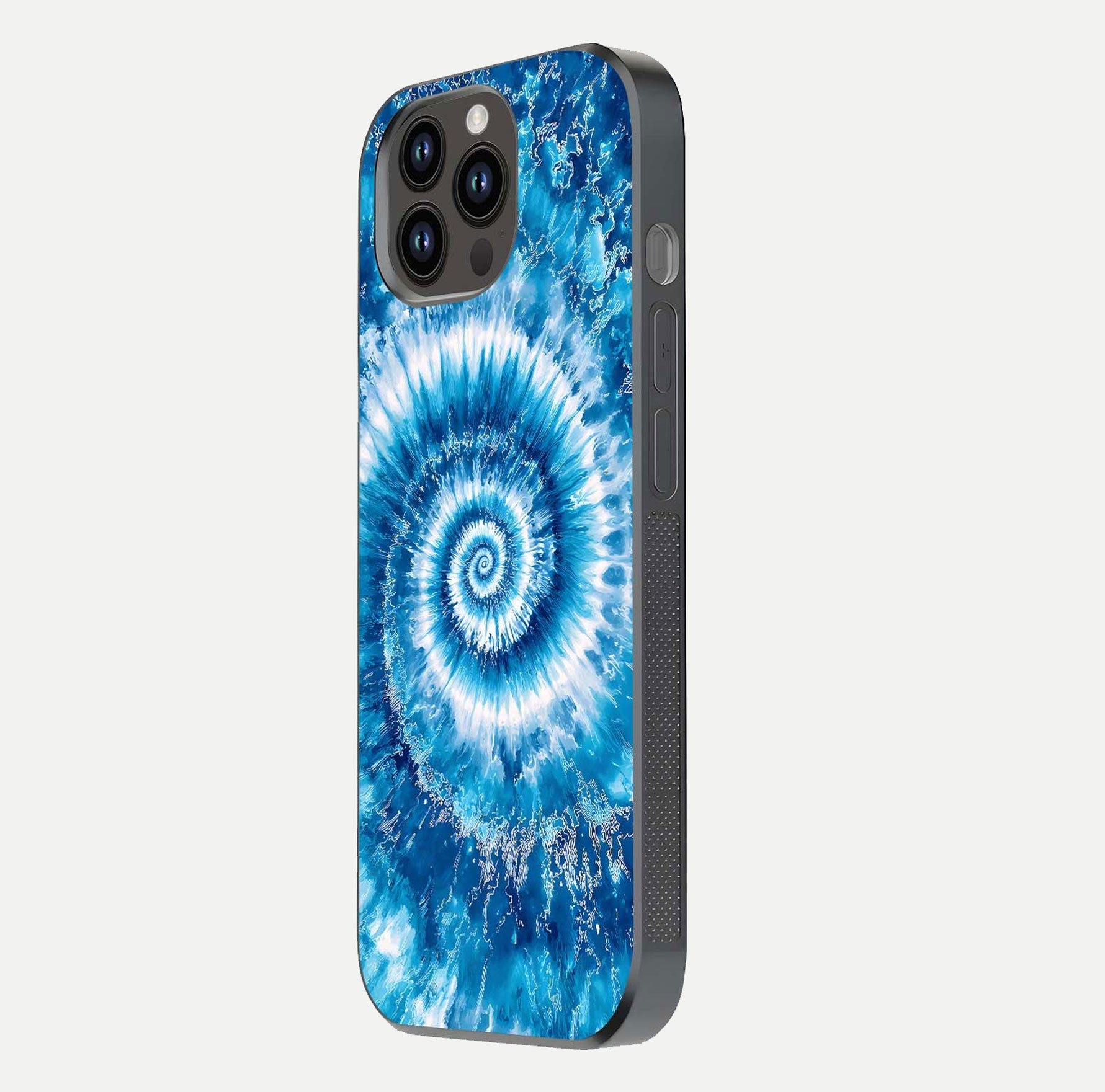 Blue Galaxy Wave Glass Case for iPhone 14 Pro Max side-angle image showing wave ripple art and glass gloss