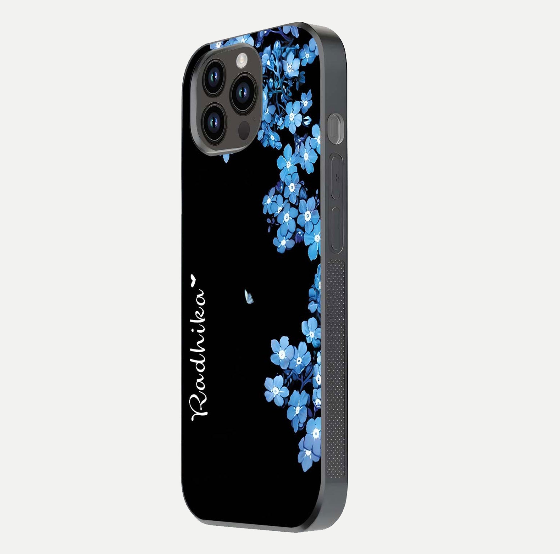 Blue Petal Dream Custom Name Glass Case for iPhone 14 Pro Max side-angle image showing name print clarity and smooth gloss