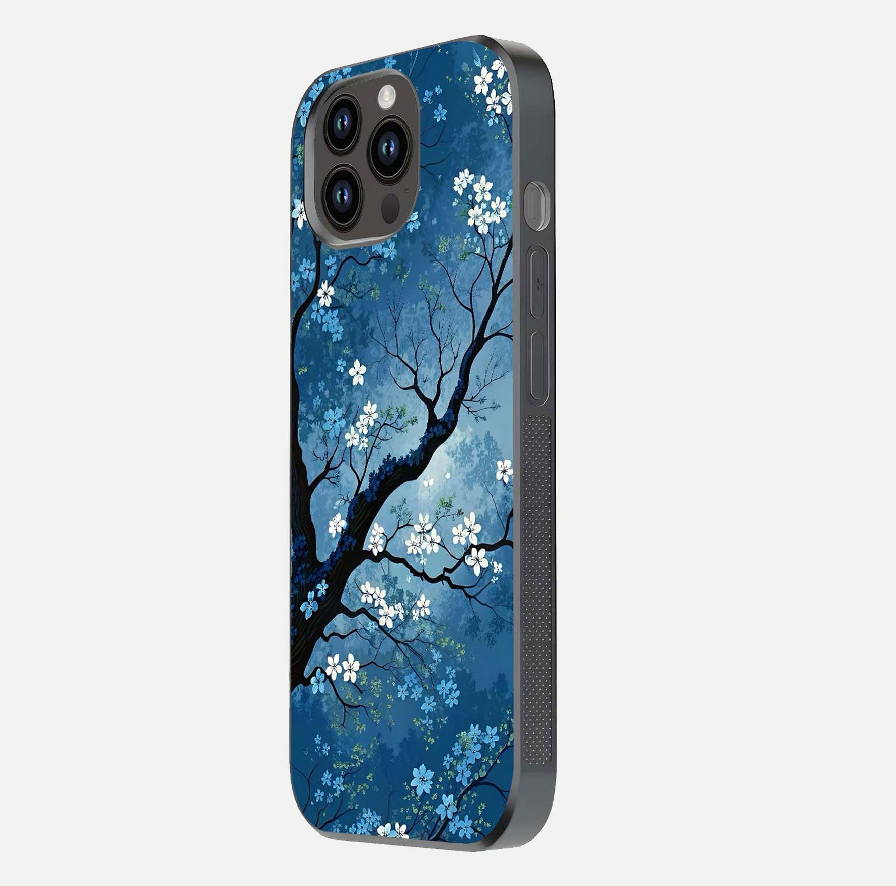Blue Tree Serenity Glass Case for iPhone 14 Pro Max side-angle shot showing glossy edge and tree pattern reflection