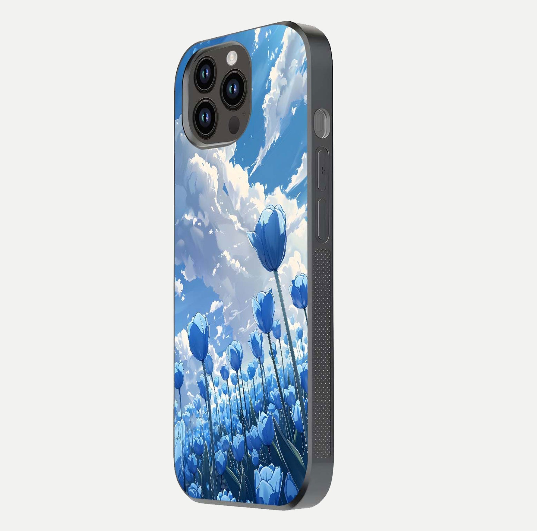 Blue Tulip Clouds Glass Case for iPhone 14 Pro Max side-angle image showing edge curve and flower reflection glow