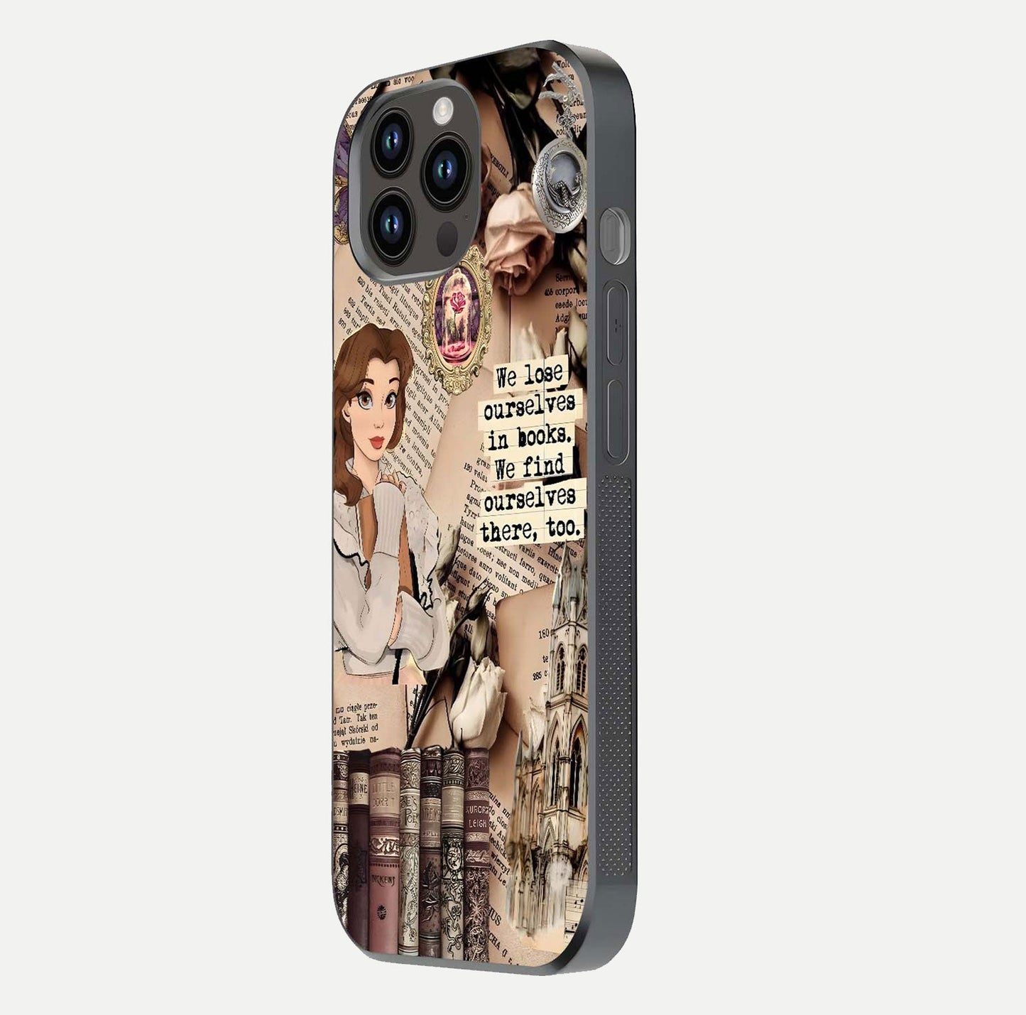 Bookish Dream World Glass Case for iPhone 14 Pro Max side-angle image showing detail depth and smooth corner polish