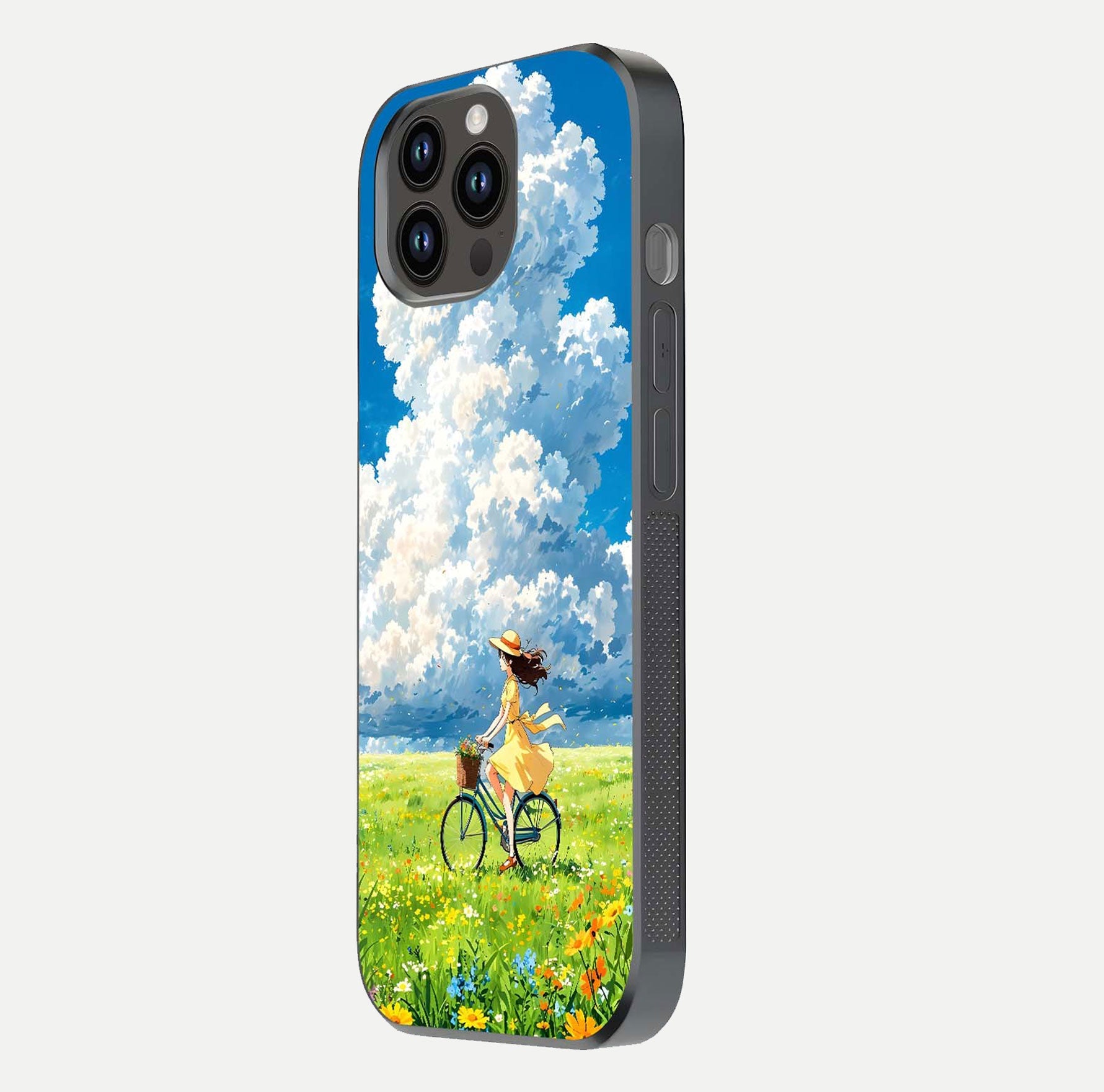 Breezy Meadow Ride Glass Case for iPhone 14 Pro Max side-angle image showing floral details and edge glow