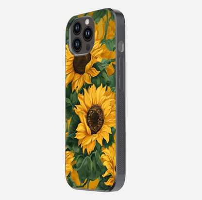 Bright Sunflower Bloom Glass Case for iPhone 14 Pro Max side-angle image showing shine texture and detailed bloom