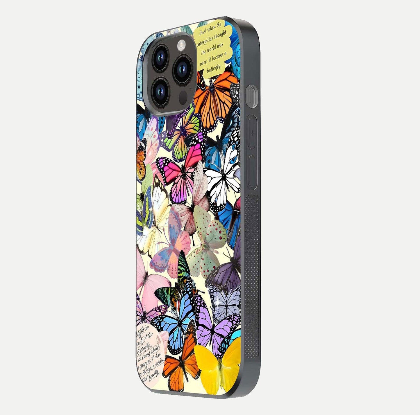 Butterflies Petal Dream Glass Case for iPhone 14 Pro Max side-angle shot showing butterfly motion and curved edges