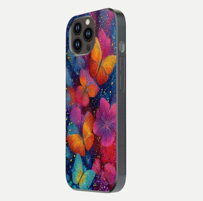 Butterfly Dream Mist Glass Case for iPhone 14 Pro Max side-angle image showing soft gradient and reflective glow