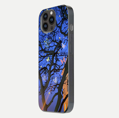 Butterfly Night Magic Glass Case for iPhone 14 Pro Max side-angle view capturing butterfly contrast and glossy depth
