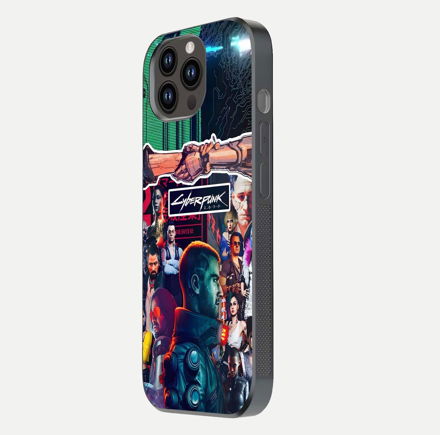 CYBERPUNK Legacy Glass Case for iPhone 14 Pro Max side-angle photo showing edge glow and reflective surface