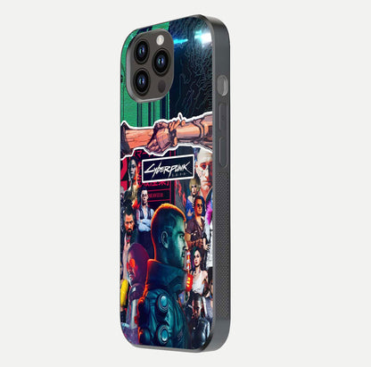 CYBERPUNK Legacy Glass Case for iPhone 14 Pro Max side-angle photo showing edge glow and reflective surface