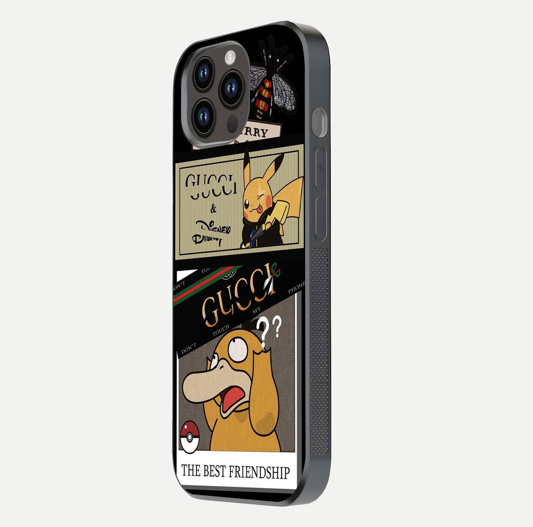 Cartoon Brand Play Mashup Glass Case for iPhone 14 Pro Max side-angle image showing reflection brightness and fun graphic mix