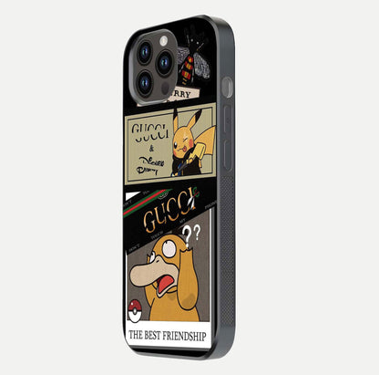 Cartoon Brand Play Mashup Glass Case for iPhone 14 Pro Max side-angle image showing reflection brightness and fun graphic mix