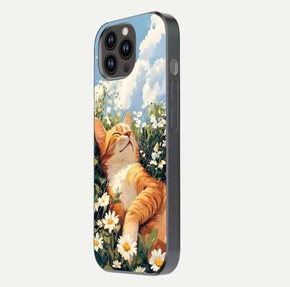 Cat & Flowers View Glass Case for iPhone 14 Pro Max side-angle image capturing cat print clarity and gloss tone