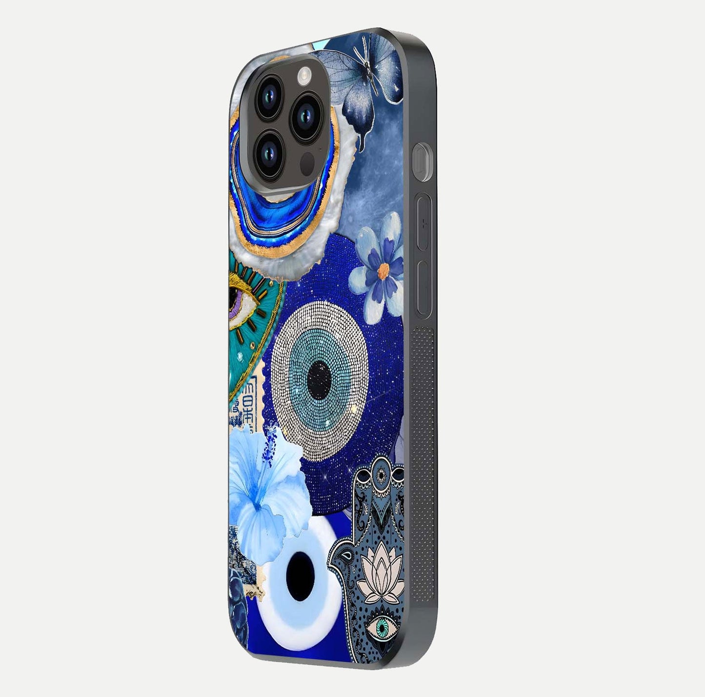 Celestial Blue Vision Glass Case for iPhone 14 Pro Max side-angle image capturing starlight shimmer and glass reflection