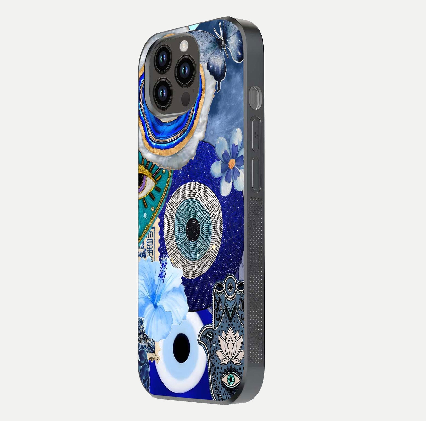 Celestial Blue Vision Glass Case for iPhone 14 Pro Max side-angle image capturing starlight shimmer and glass reflection