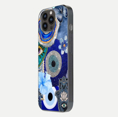 Celestial Blue Vision Glass Case for iPhone 14 Pro Max side-angle image capturing starlight shimmer and glass reflection