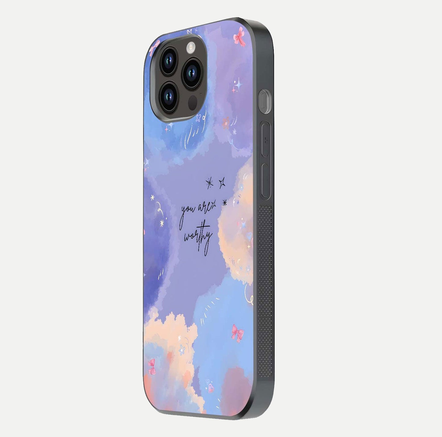 Celestial Cloud Magic Glass Case for iPhone 14 Pro Max side-angle photo showing edge reflection and dreamy texture