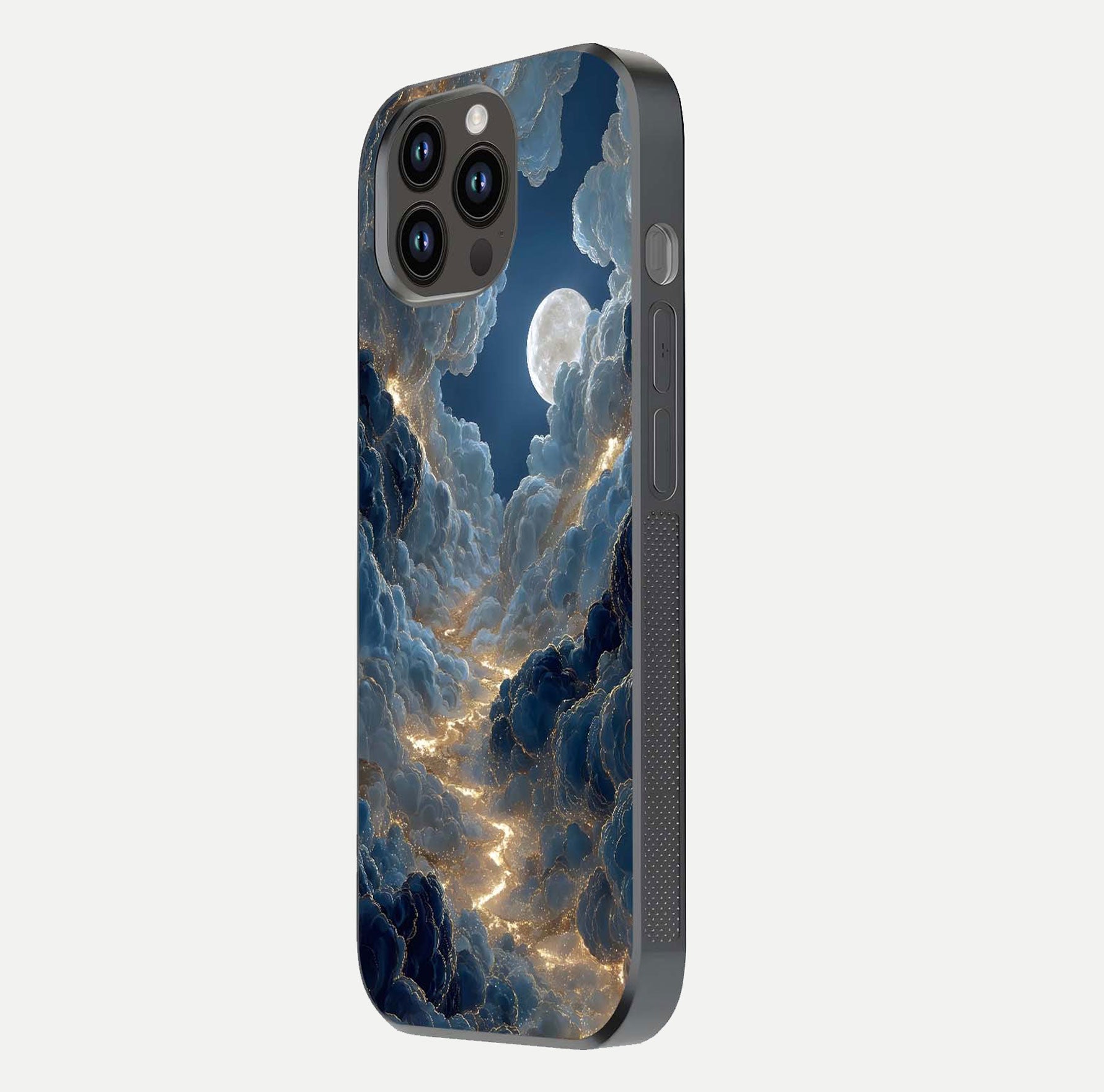 Celestial Cloud Road Glass Case for iPhone 14 Pro Max side-angle image showing soft pastel tones and edge clarity
