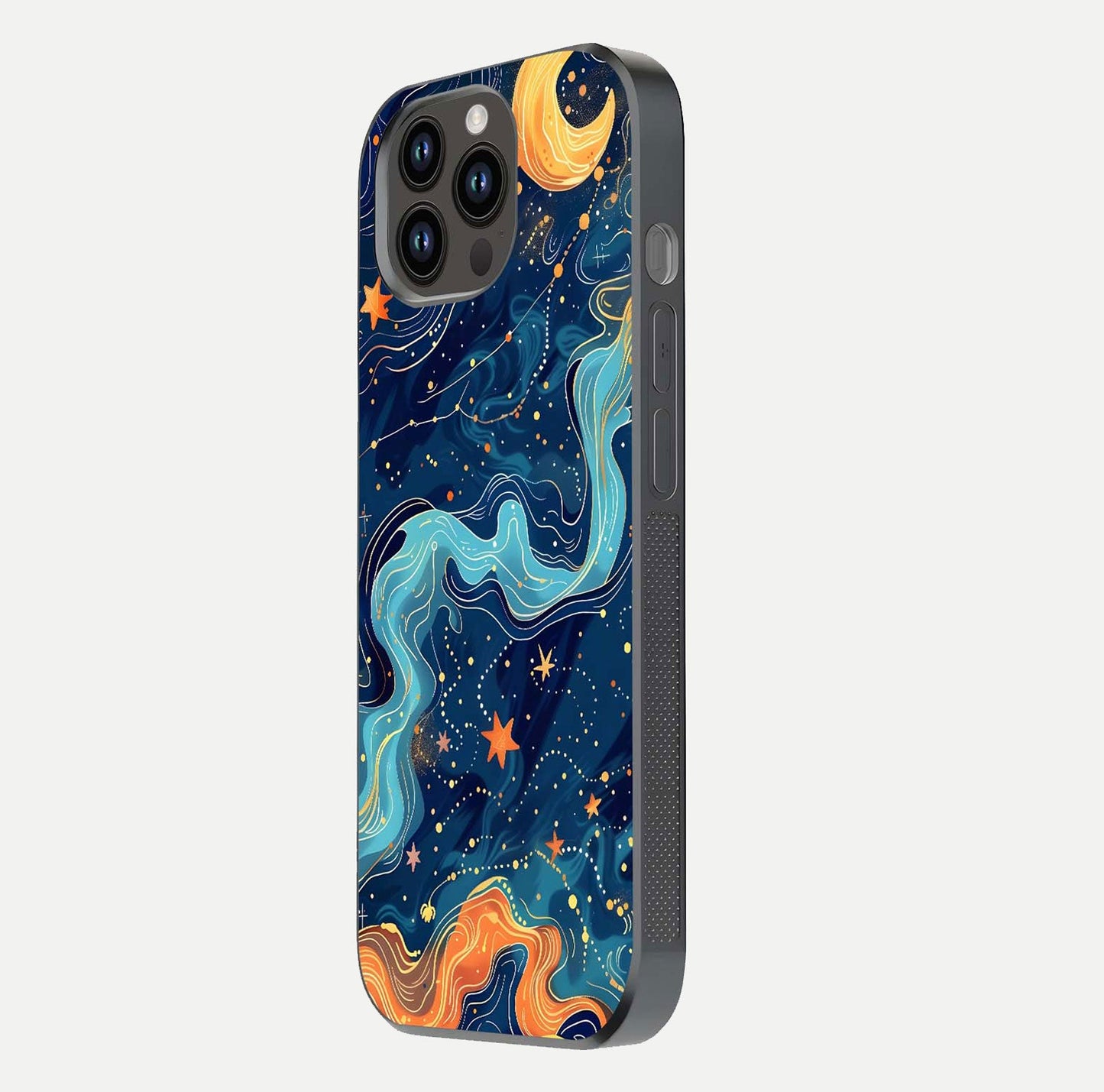 Celestial Dream Flow Glass Case for iPhone 14 Pro Max side-angle image capturing color swirl and glass reflection
