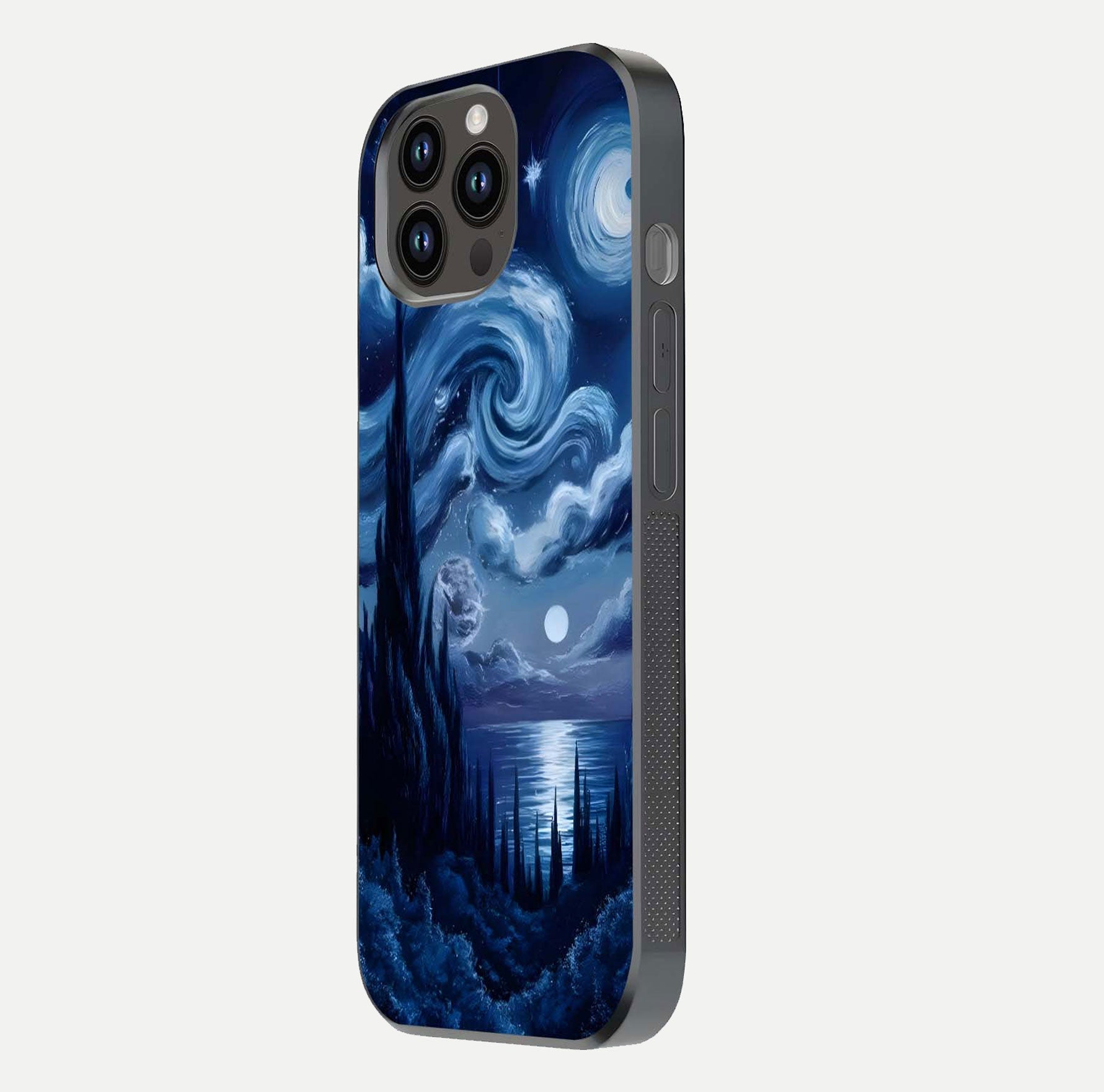 Celestial Dream Van Gogh Glass Case for iPhone 14 Pro Max side-angle photo showing depth swirl design and curved reflection