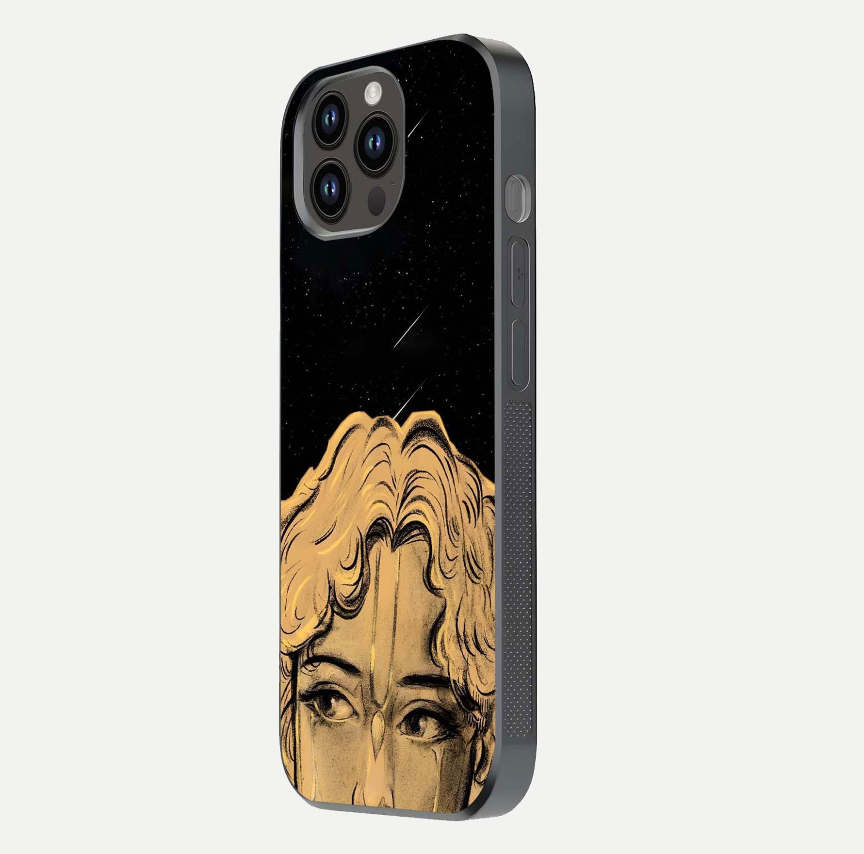 Celestial God’s Plan Glass Case for iPhone 14 Pro Max side-angle image showing gloss, camera frame, and cosmic tones
