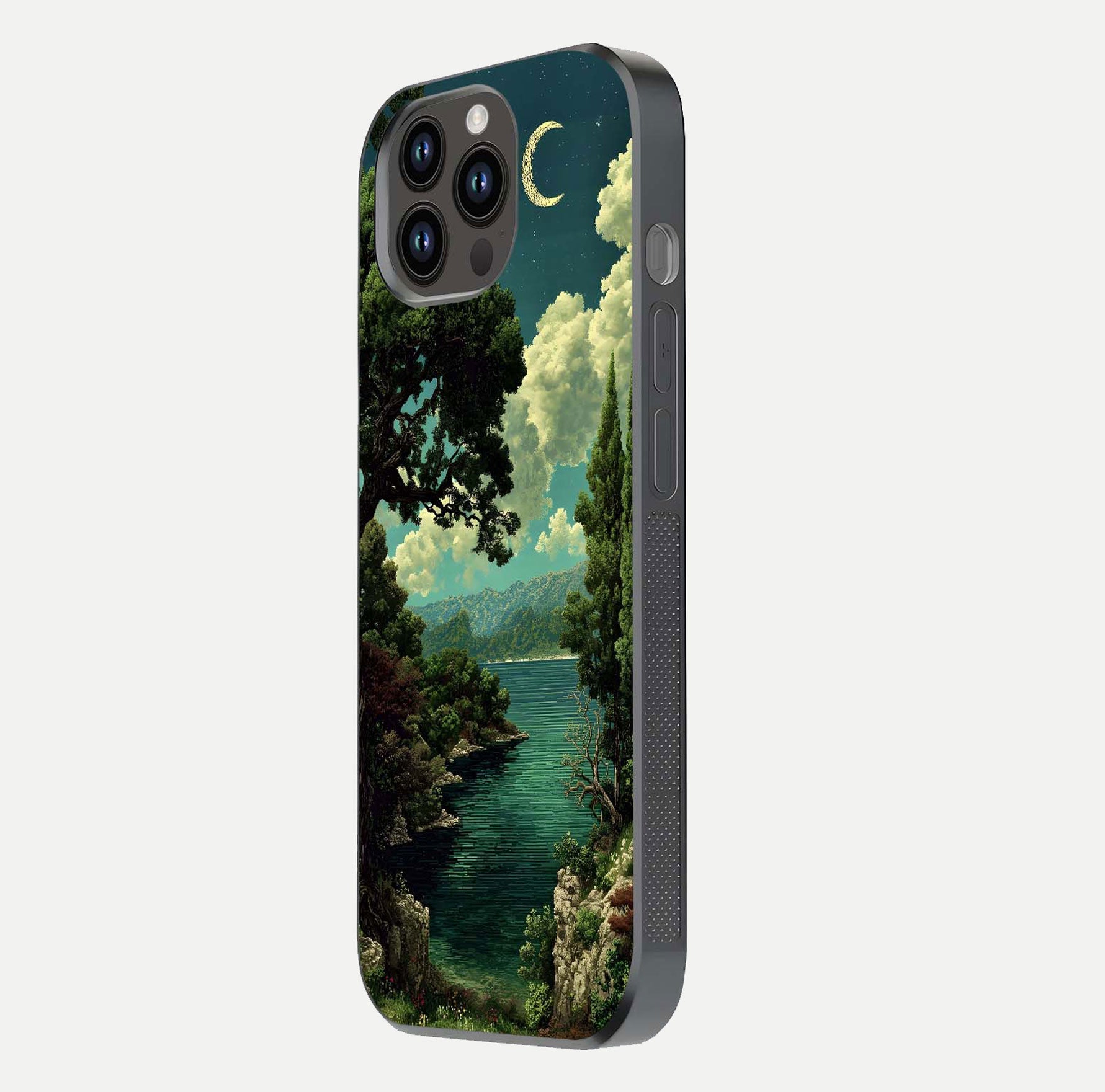 Celestial Lake Peace Glass Case for iPhone 14 Pro Max side-angle image displaying reflective glow and gentle edges
