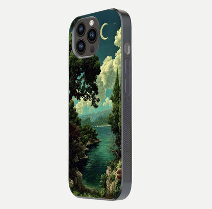 Celestial Lake Peace Glass Case for iPhone 14 Pro Max side-angle image displaying reflective glow and gentle edges