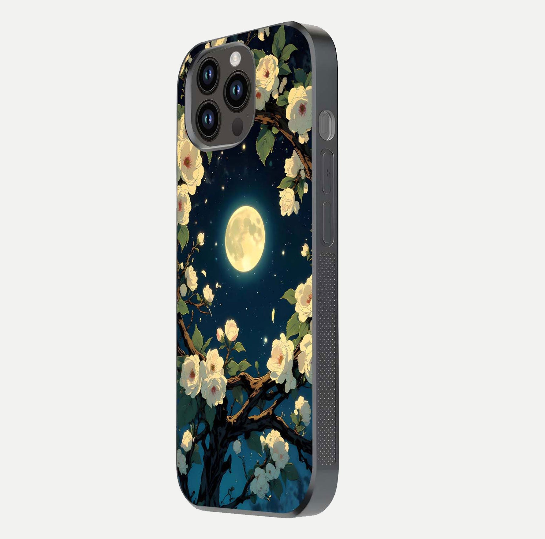 Celestial Moon & Flower Glass Case for iPhone 14 Pro Max side-angle image showing edge smoothness and glow reflection