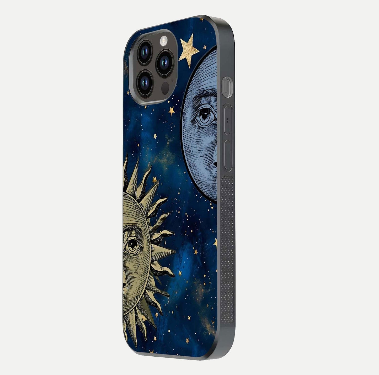 Celestial Moon With Sun Glass Case for iPhone 14 Pro Max side-angle image showing reflection tones and cosmic edge