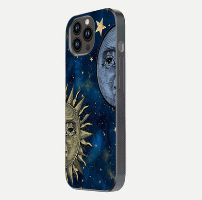Celestial Moon With Sun Glass Case for iPhone 14 Pro Max side-angle image showing reflection tones and cosmic edge