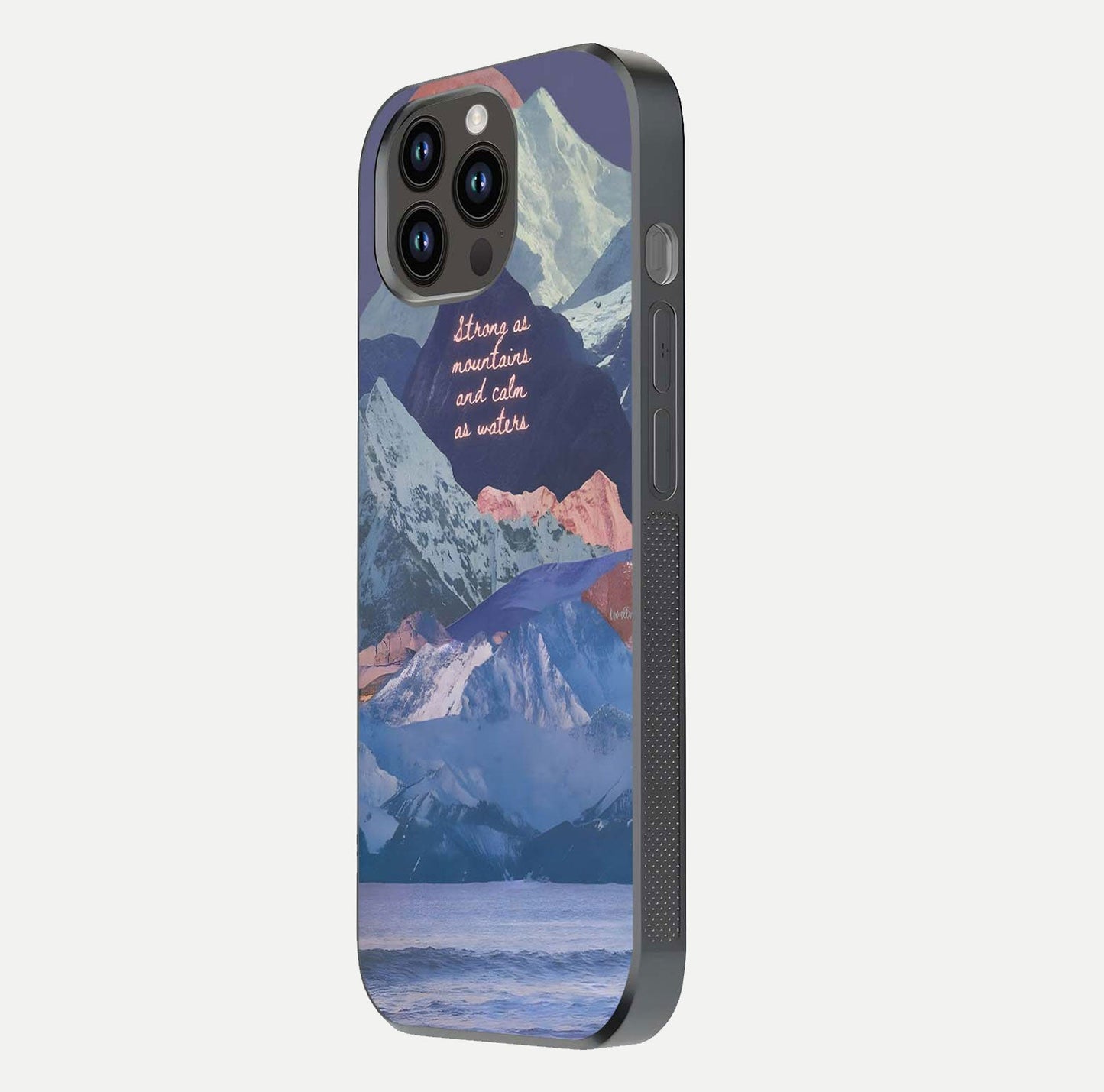 Celestial Mountain Calm Glass Case for iPhone 14 Pro Max side-angle image capturing mountain detail and shine gradient
