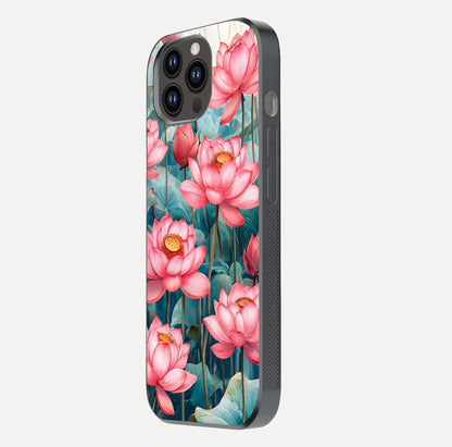 Celestial Pink Lotus Glass Case for iPhone 14 Pro Max side-angle image showing reflective shine and petal curve